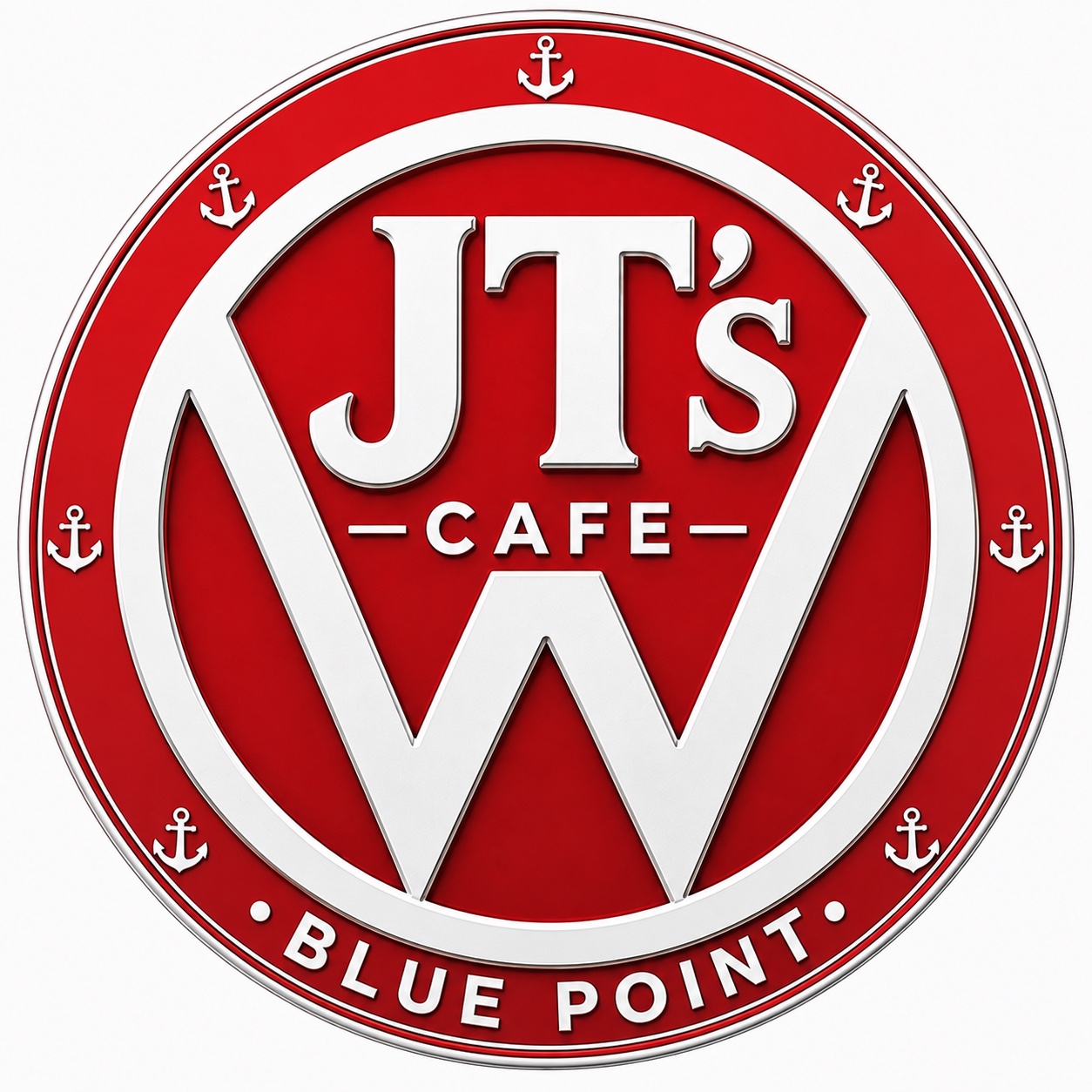 JT’s Cafe Blue Point red and white logo with anchors
