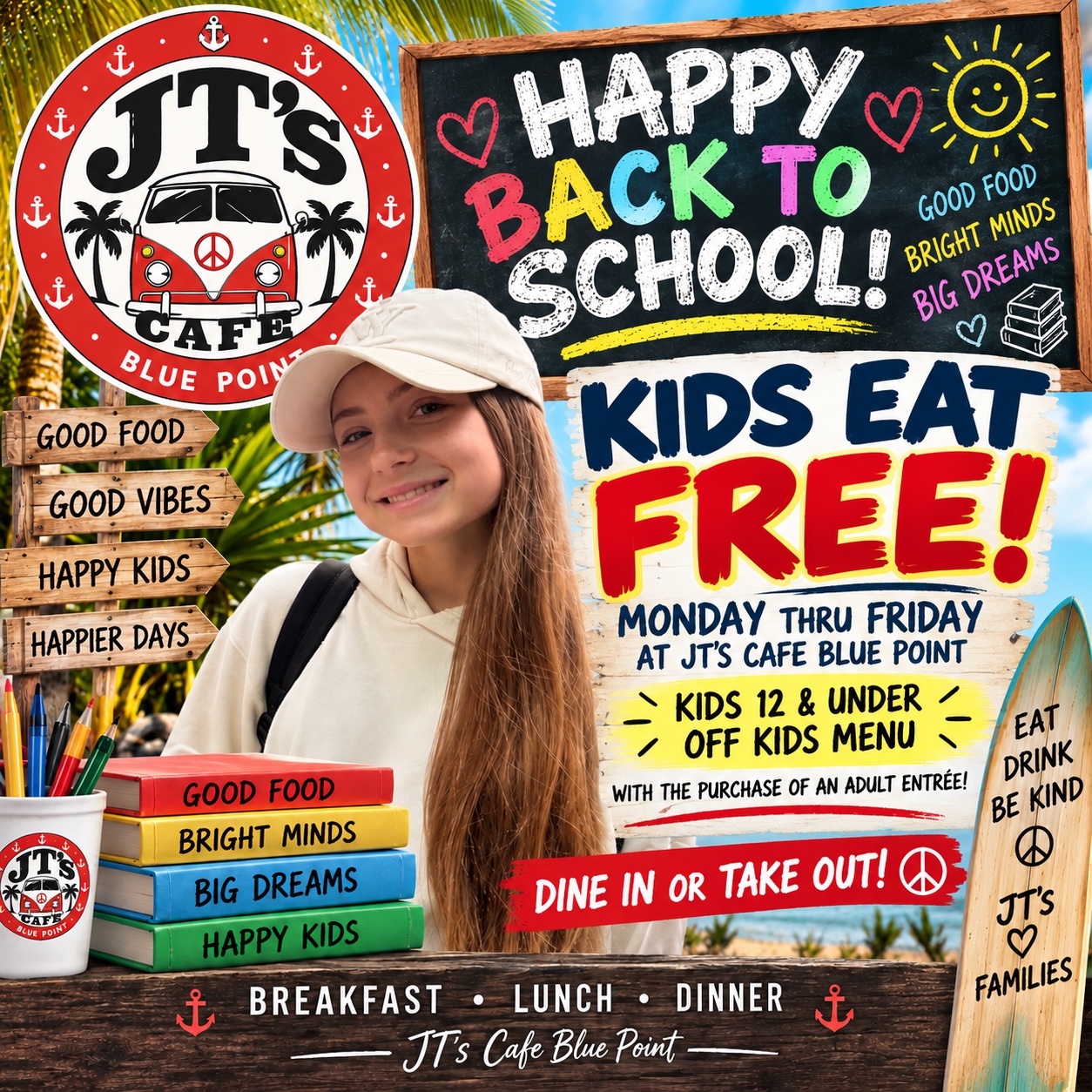 Kids eat free Monday through Friday at JT’s Cafe Blue Point. Kids 12 and under off the kids menu with purchase of an adult entrée. Dine in or take out.